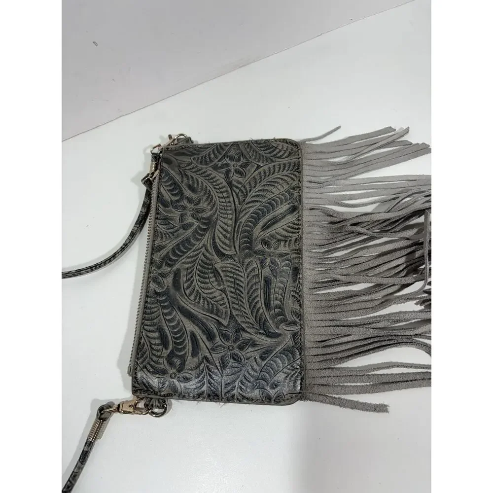 Free People Fringe‎ Boho Western CrossBody Embossed Leather Purse Bag Gray/black